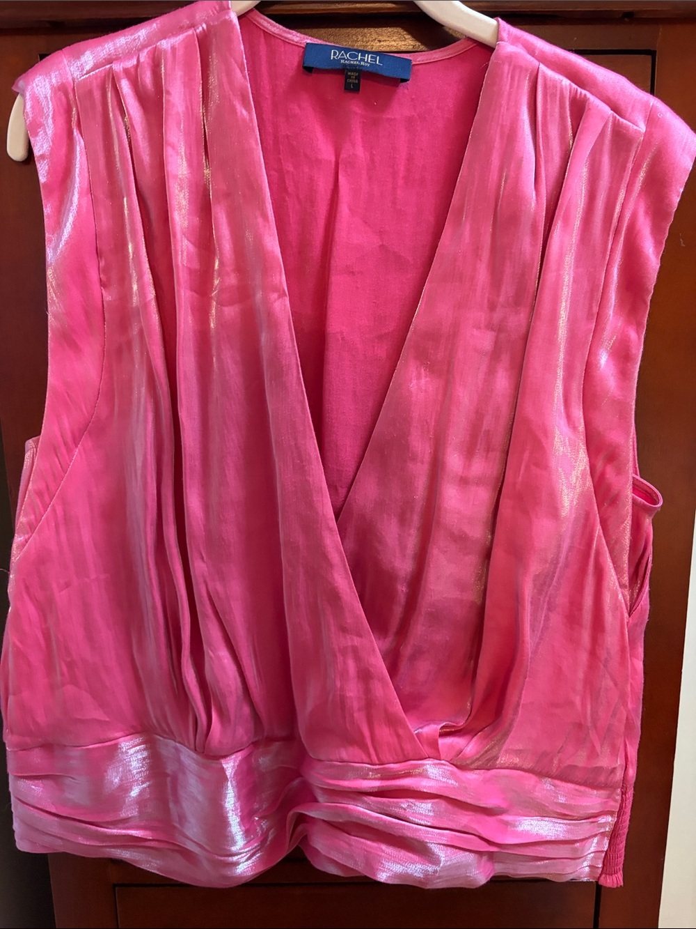 RACHEL Rachel Roy Shimmery Hot Pink Draped V-Neck Chemise Top